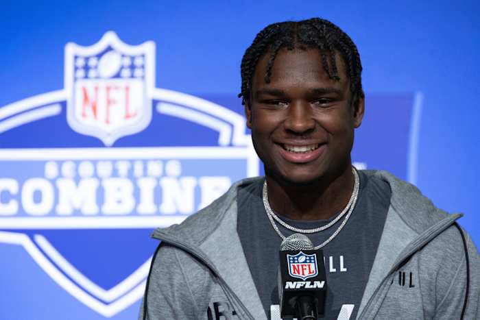 Alabama defensive back Jordan Battle (DB40) speaks to the press at the NFL Combine at Lucas Oil Stadium.